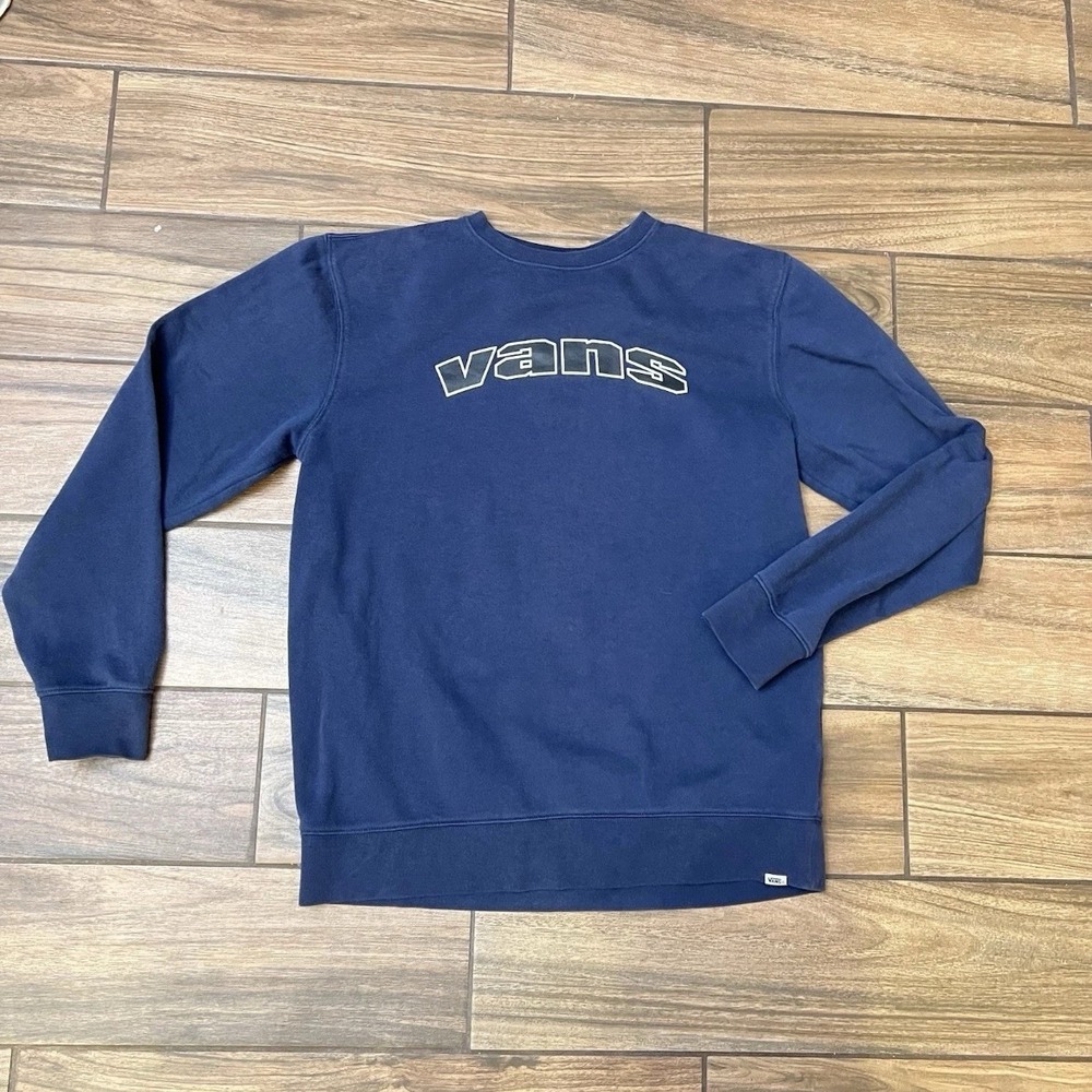 Vans Crewneck Sweatshirt Mens Medium Blue Spell Out Pullover Skate Casual
